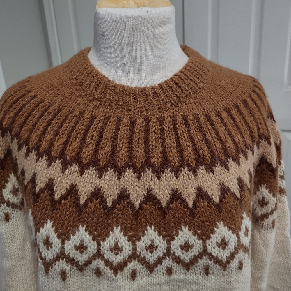 Vintage Handmade Andean Imports 100% Alpaca Wool Beige/Brown Sweater Size M - Picture 2 of 9